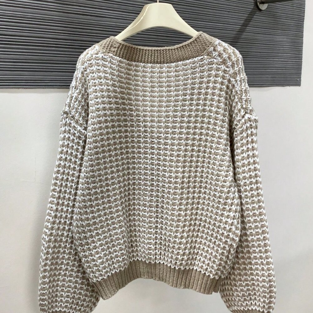 Khaki Casual Women's Plaid Print Button Front V-Neck Long Sleeve Cardigan - Picture 2 of 4